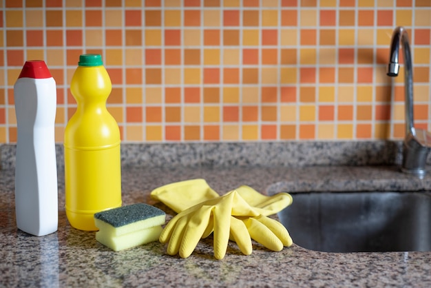 cleaning products in kitchen