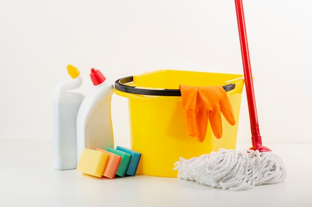 Photo cleaning products and mop front view