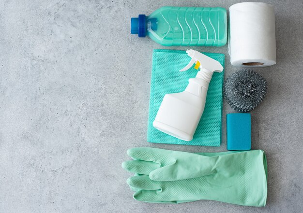 Cleaning products, sponges and rubber gloves