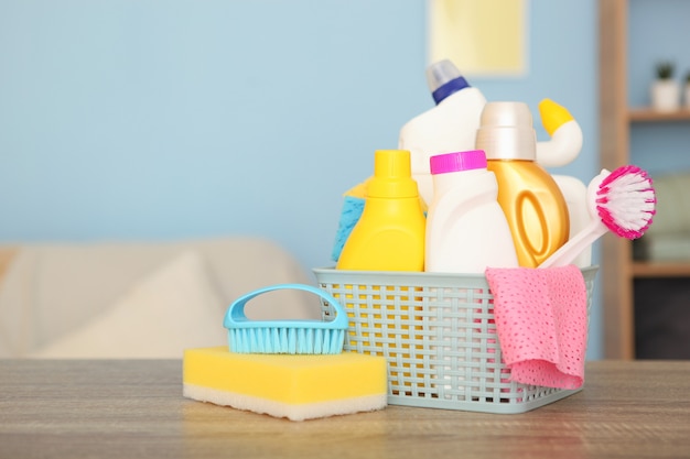 Cleaning products on the table in the interior of the room