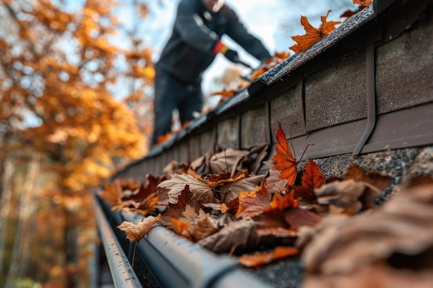 Cleaning the roof and gutters from fallen autumn leaves A man cleans the gutter on the roof of his house