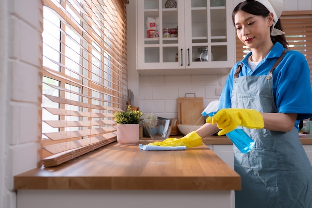 Cleaning service Closeup of woman in apron and rubber gloves cleaning wooden table with spray