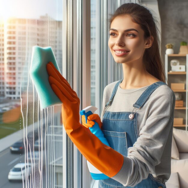 A cleaning service employee washes a window in an apartment