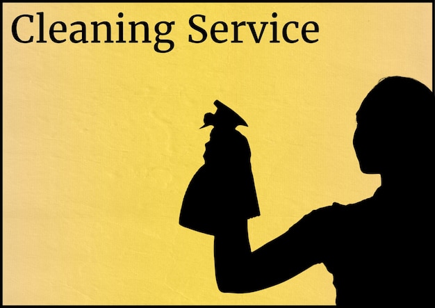 Photo cleaning service text against silhouette of woman cleaning with a water sprayer on yellow background