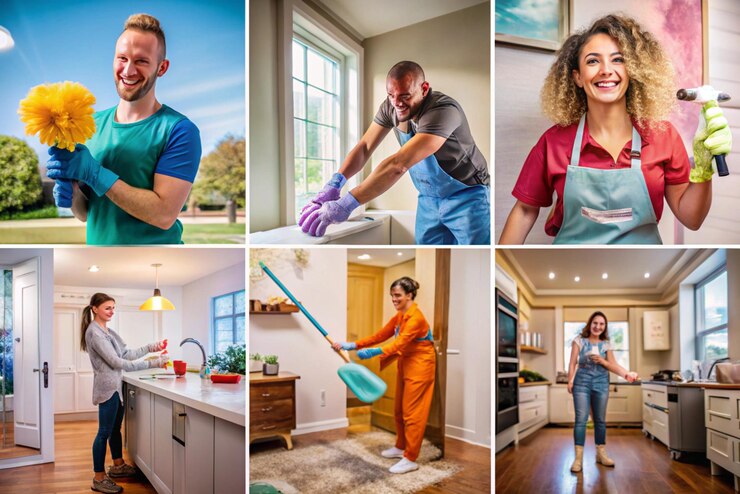 Cleaning servicing of photos of people cleaning a kitchen with a broom