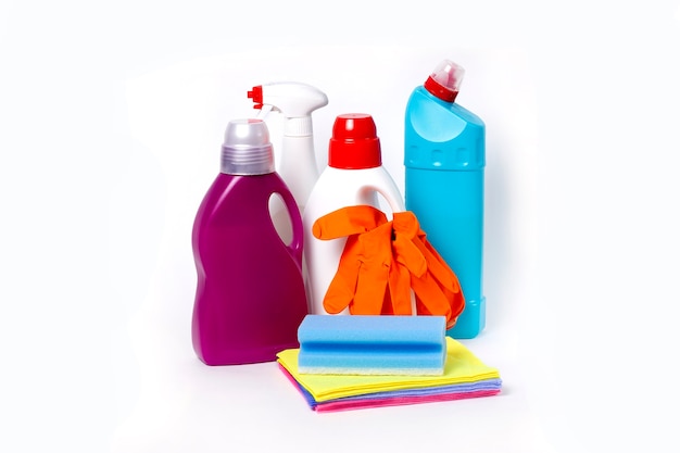 Cleaning set with tools and products on a white background, horizontal, no people, . High quality photo