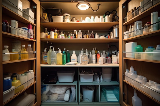 Чистящие средства организованы в шкафу или кладовой, созданной с помощью генеративного ИИ