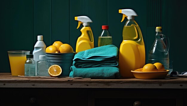 cleaning supplies on a board in a kitchen