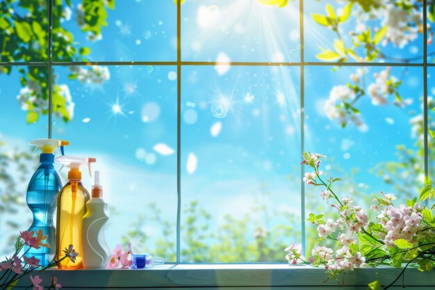 Photo cleaning supplies bottles on window sill under clear blue sky