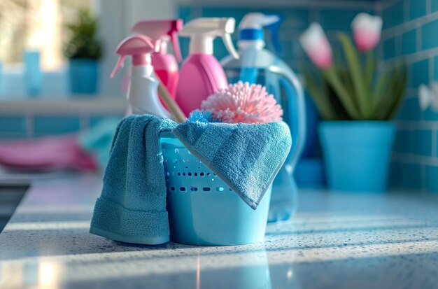 cleaning supplies in a bucket on a countertop