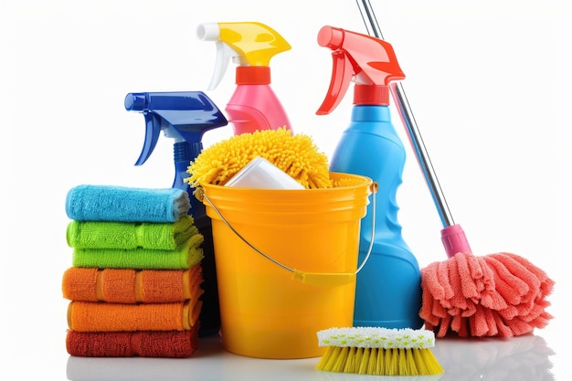 Cleaning supplies bucket on white background Housework design elements