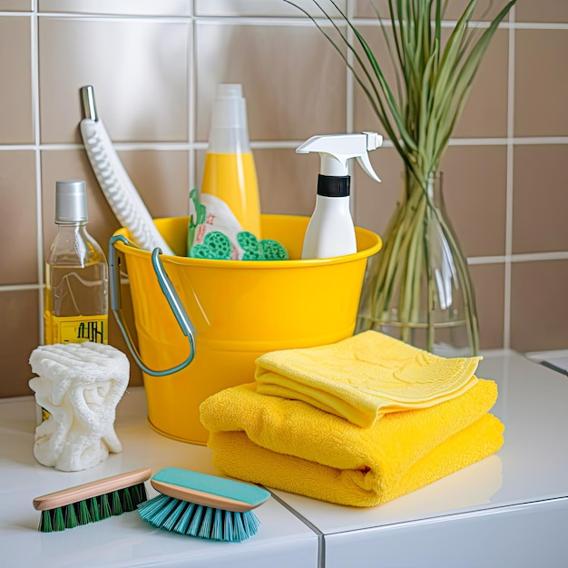 Cleaning supplies closeup on the background of the bathroom in yellow colors