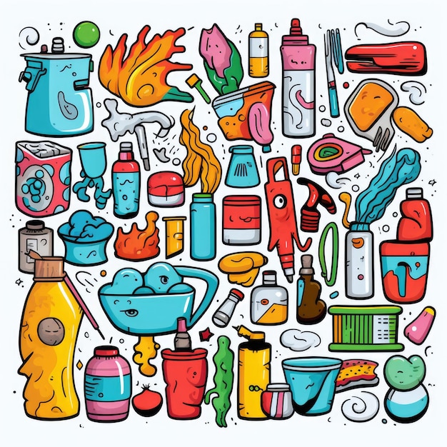 Cleaning supplies colorful set of doodles on white background Generative AI