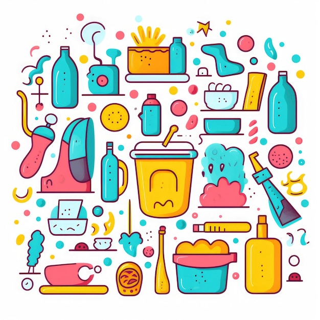 Cleaning supplies colorful set of doodles on white background Generative AI