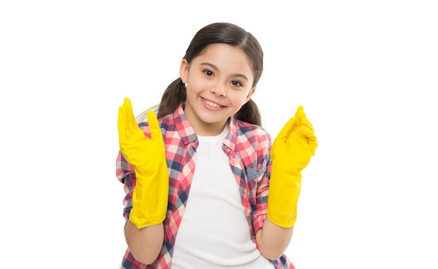 Cleaning supplies Girl rubber gloves for cleaning white background Teach kid appreciate cleanliness Clean house is happy one Housekeeping duties Expert house cleaning service you can trust