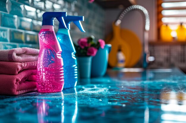 cleaning supplies in kitchen are placed on a counter