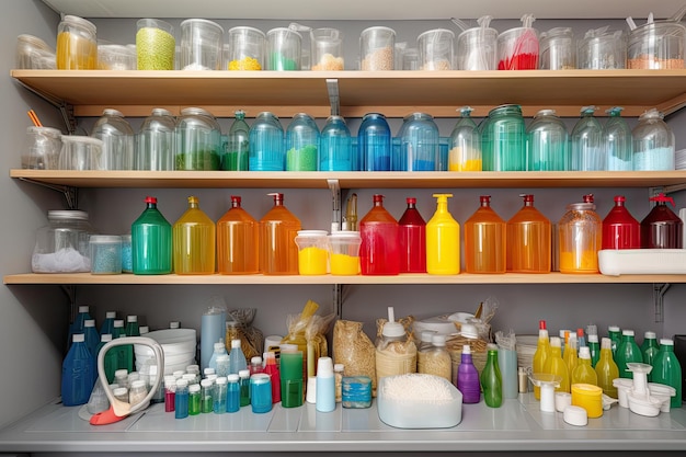 Cleaning supplies organized in neat and tidy manner on shelves created with generative ai