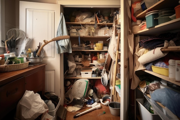 Cleaning supplies overflowing from cluttered closet created with generative ai