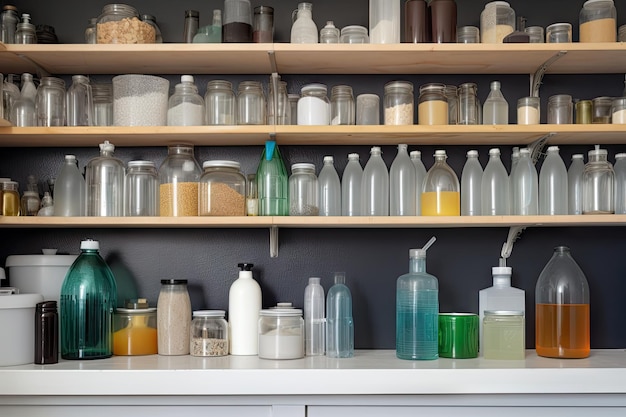 Cleaning supplies shelf with bottles and jars neatly arranged created with generative ai