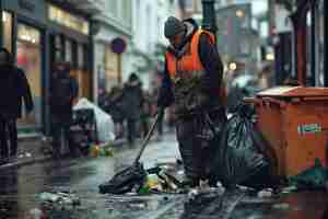 Photo cleaning up trash on a street