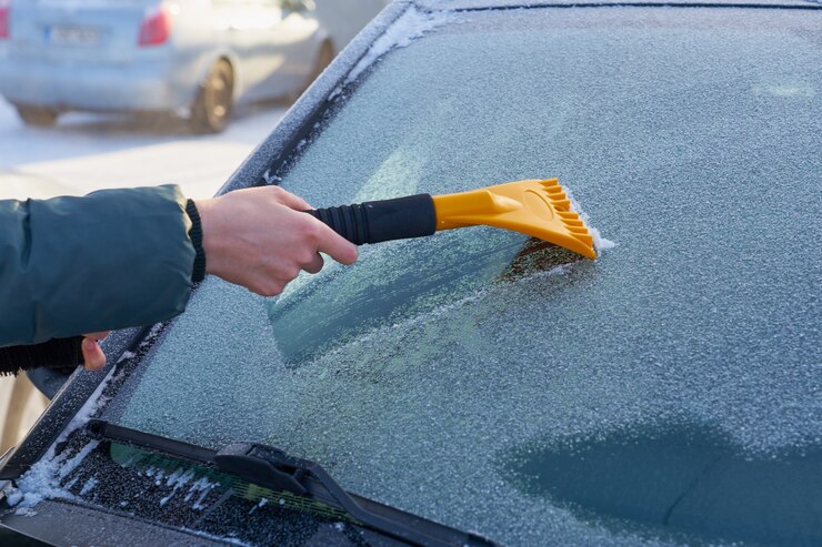 車のフロントガラスを氷から掃除する