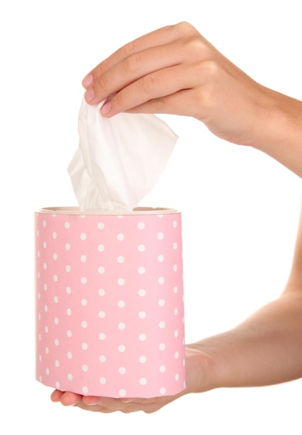 Cleaning wipes in hands isolated on white