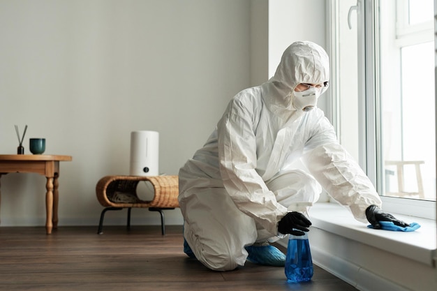 Cleaning worker in protective suit doing housework at home