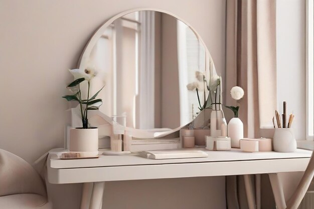 Photo cleanlined stylish round mirror on dressing table with cosmetic products and flowersneutral tones