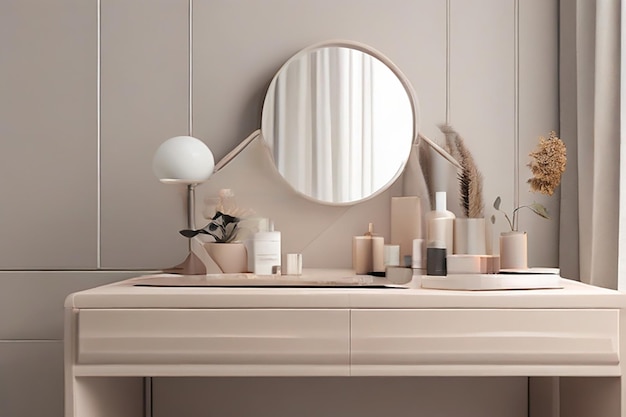 사진 cleanlined stylish round mirror on dressing table with cosmetic products and flowersneutral tones