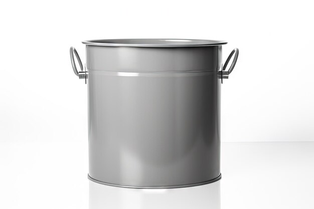 Cleanliness in the house is represented by a gray plastic bucket on a white background An open empty