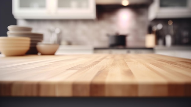 Cleanse wooden tabletop with clouded kitchen foundation Creative resource AI Generated