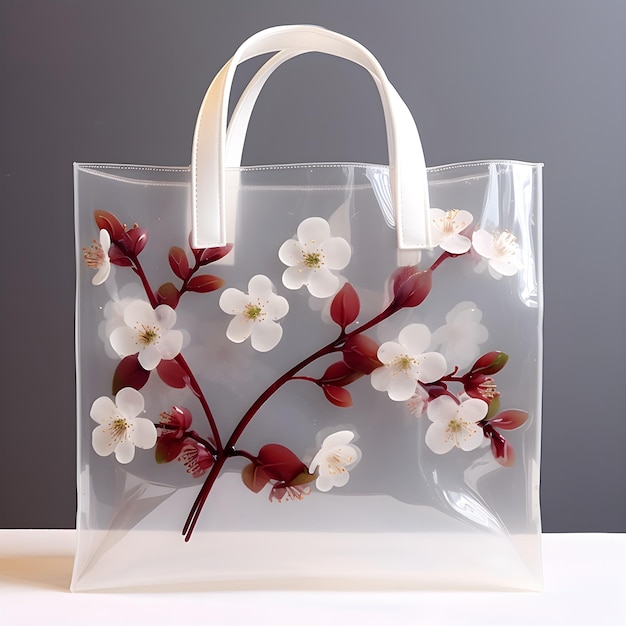 A clear bag with white flowers on it with a white ribbon.