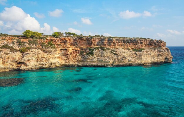 Clear blue green sea water rocky cliffs around nice sunny day at Ansa de sEstri Mallorca