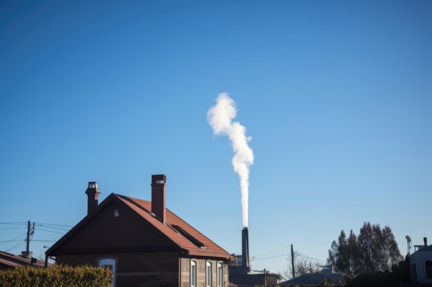 A clear blue sky with chimney smoke rising from a house in the distance created with generative ai