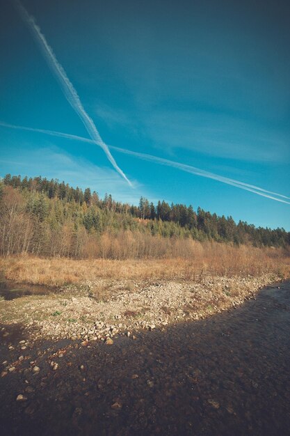 A clear blue sky with a jet trail in the sky.