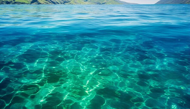 Photo the clear blue water is clear and has a green mountain in the background