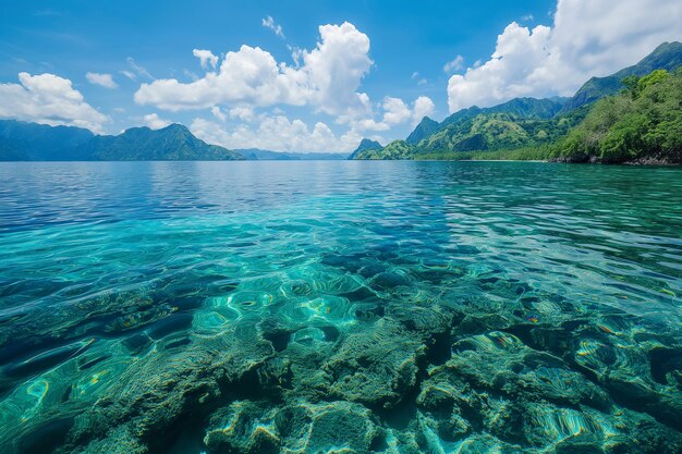 Photo a clear blue water with a mountain in the background