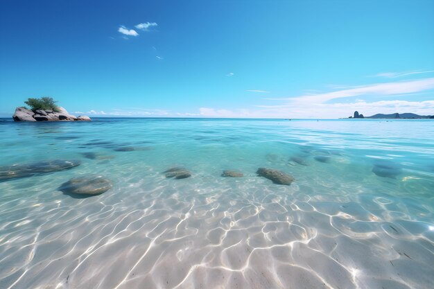 A clear blue water with rocks in it