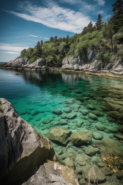 A clear blue water with rocks and trees in the background.