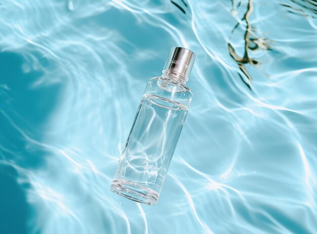 Clear bottle of moisturizer in blue water