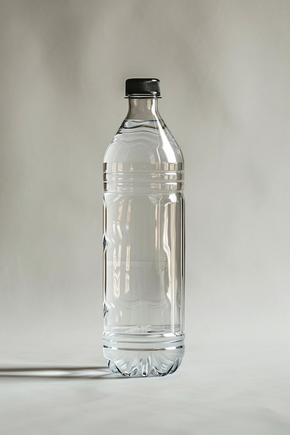 a clear bottle of water with a black cap on it