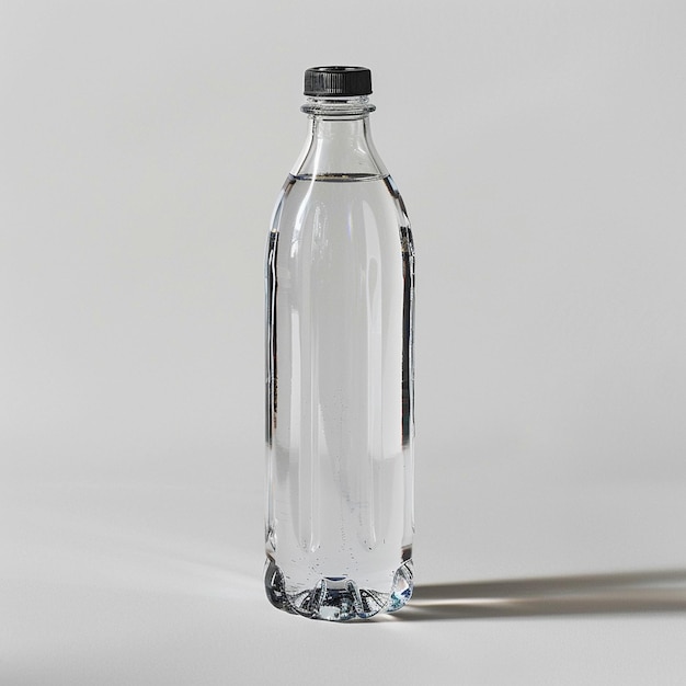 a clear bottle with a black cap is on a white surface