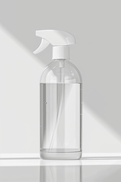 a clear bottle with a sprayer sitting on a table