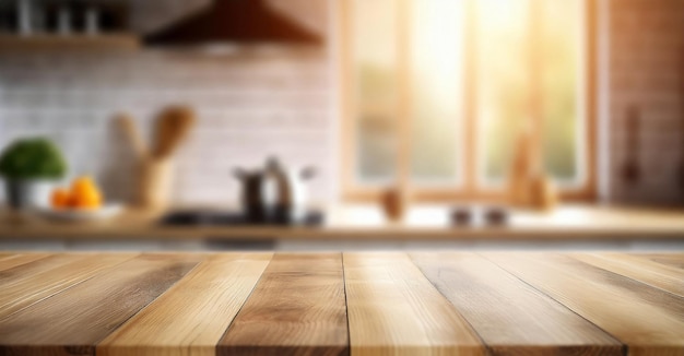 Clear and bright modern kitchen interior background with a beautifully emptied wood table top