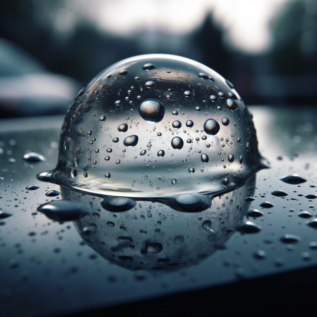 A clear bubble sits on a black surface with water droplets on it.