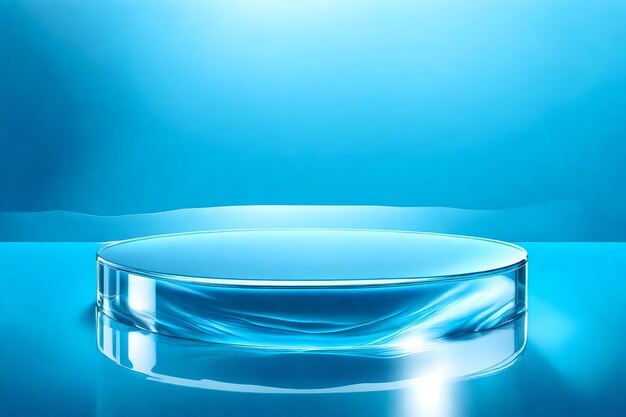 A clear circular podium made of glass is floating on a blue translucent water surface