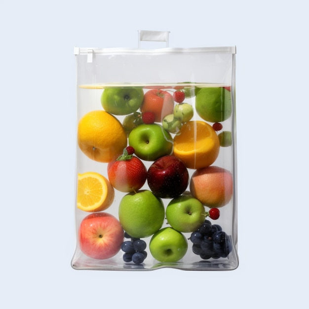 A clear container of fruit with a blue background