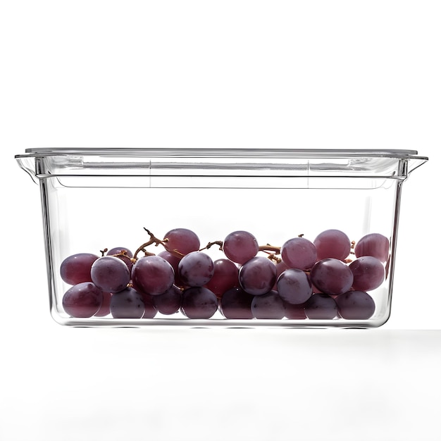 A clear container of grapes on white background