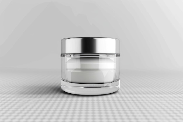 Clear cosmetic cream pot on blank packaging background