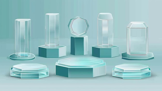 The clear crystal or acrylic pillar platform mockup is empty with clear crystal or acrylic pillars standing on top Modern set of realistic geometric stands made out of plexiglass or plastic for the